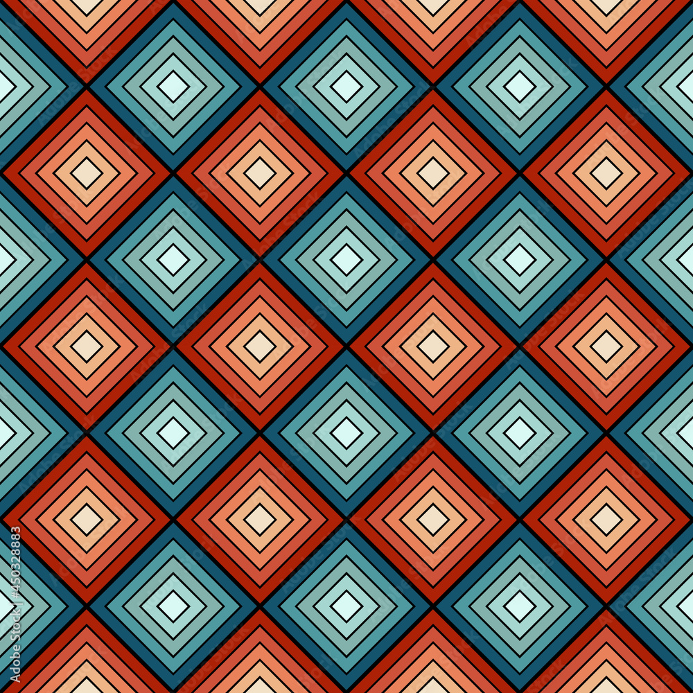 Abstract geometric retro style illustration with colorful (blue, red, orange, turquoise) rhombus shapes decoration on black background Abstract geometric retro style illustration with colorful (blue, red, orange, turquoise) rhombus shapes decoration on black background