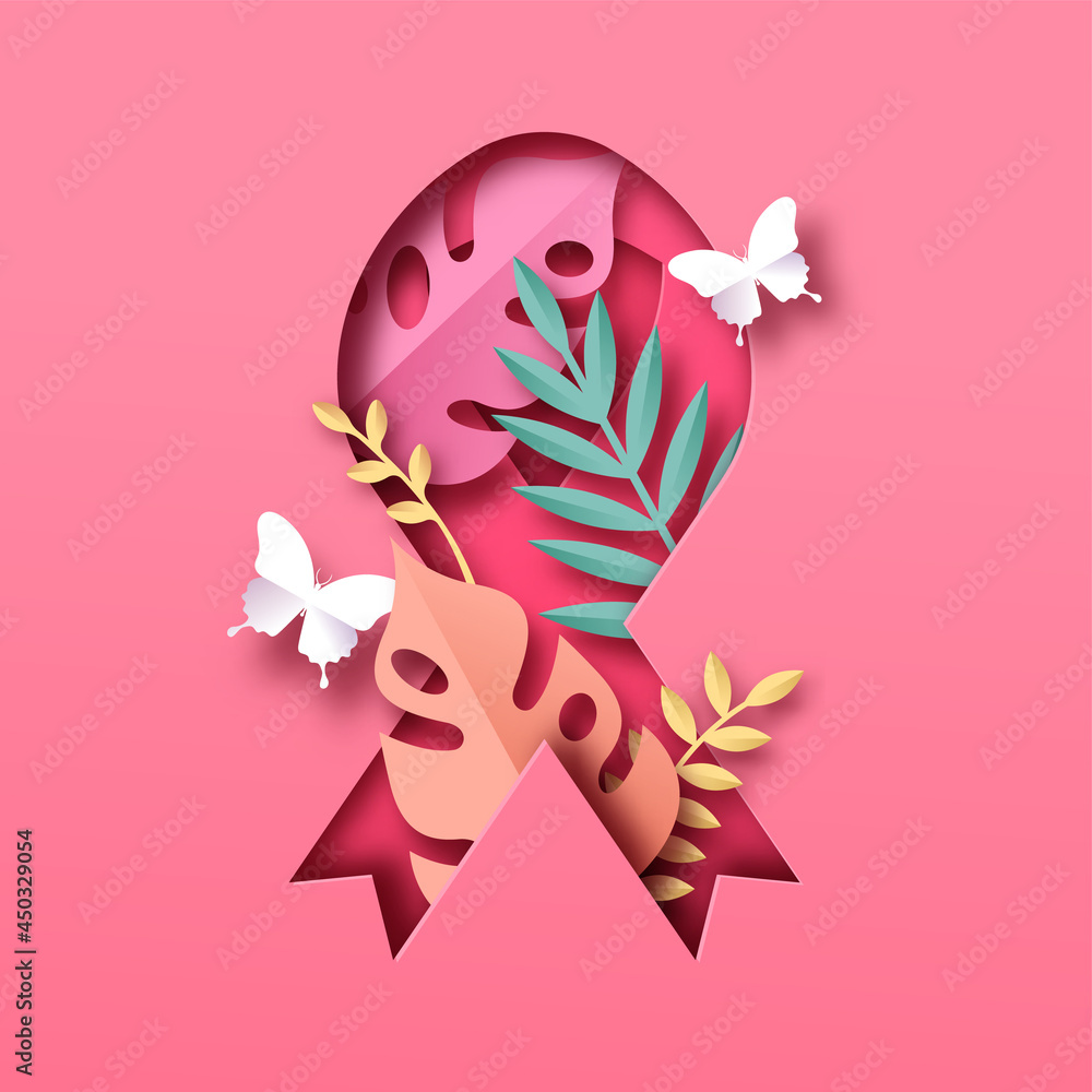 Breast cancer pink leaf ribbon paper cut isolated