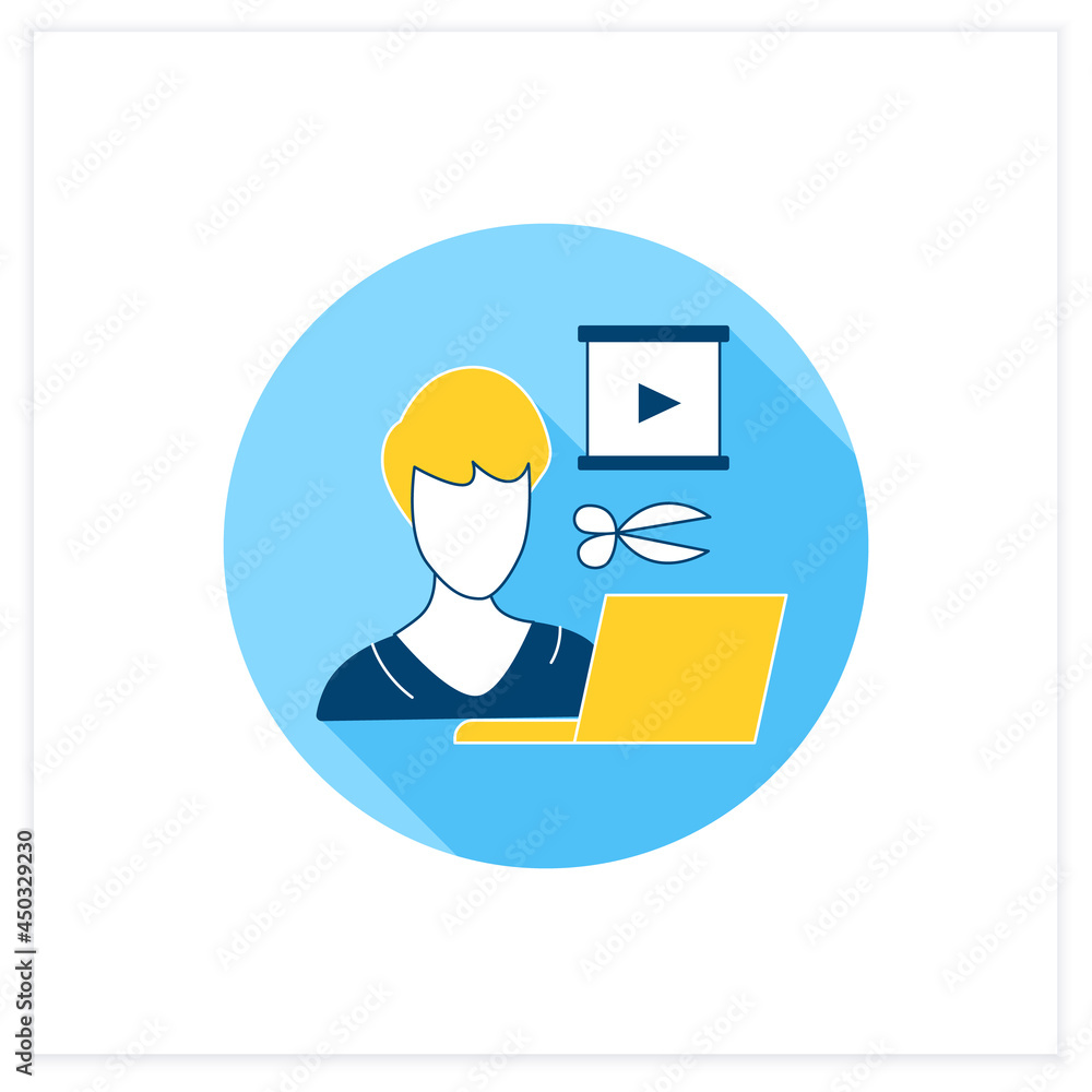 Video editor flat icon.Video production, post-production of film making.Create, cut, produce animation.Freelance professions concept. Vector illustration