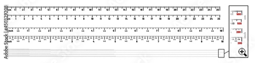 Inch and metric scale. Centimeters and inches rulers, precision measurement tools up to 5 meters long. Vector set includes 25, 50, 100, 250, 500 cm and 10, 20, 50, 100, 200 inch scales`