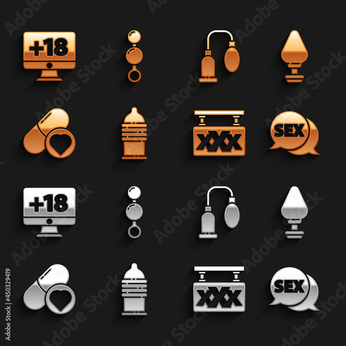 Set Condom safe sex, Anal plug, Speech bubble with Sex, shop, Pills for potency, aphrodisiac, Penis pump, Monitor 18 plus content and beads icon. Vector