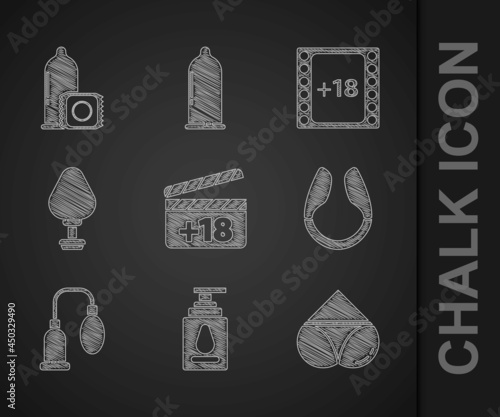 Set Movie clapper with 18 plus content, Personal lubricant, Woman panties, Dildo vibrator, Penis pump, Anal plug, Play Video and Condom icon. Vector