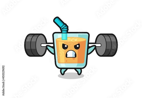 orange juice mascot cartoon with a barbell
