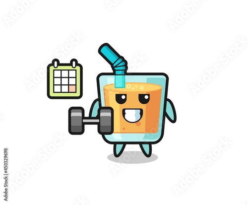 orange juice mascot cartoon doing fitness with dumbbell