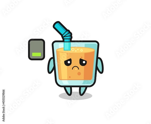 orange juice mascot character doing a tired gesture