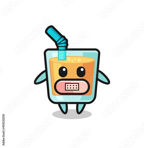 Cartoon Illustration of orange juice with tape on mouth