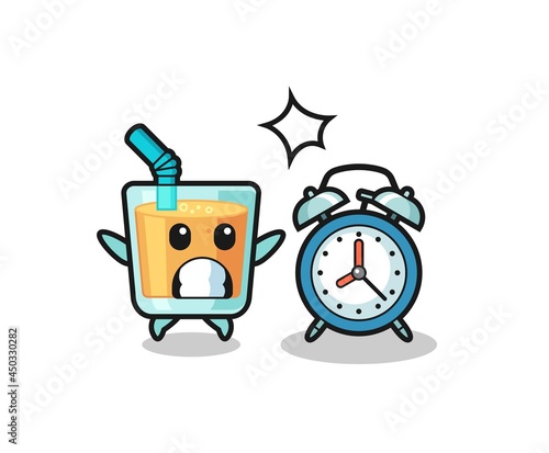 Cartoon Illustration of orange juice is surprised with a giant alarm clock