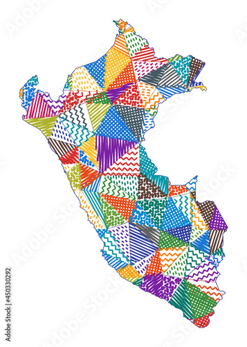 Kid-style map of Peru with hand-drawn polygons in the shape of the country. Vector illustration.