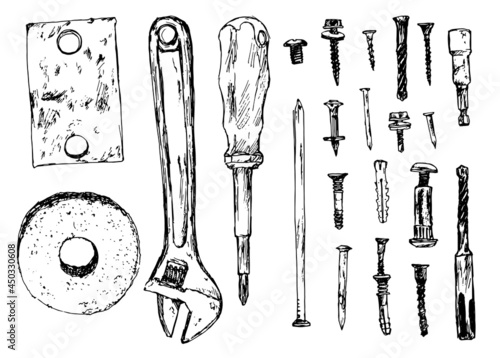 Vector set of tools. hand-drawn set in sketch style wrench, screwdriver, bolts, nails, self-tapping screws, whetstone isolated black outline on a white background for a design template