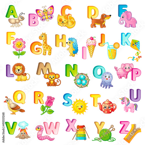 Poster with capital letters of the English alphabet, cute cartoon animals and things. For kindergarten and preschool education. Cards for learning English