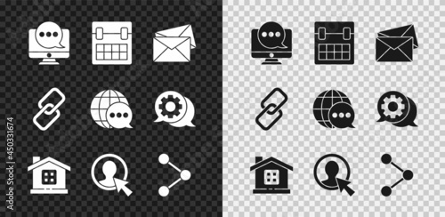 Set Chat messages notification on monitor, Calendar, Envelope, House, Create account screen, Share, Chain link and World map made from speech bubble icon. Vector