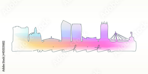 Wichita, KS, USA Skyline Watercolor City Illustration. Famous Buildings Silhouette Hand Drawn Doodle Art. Vector Landmark Sketch Drawing.