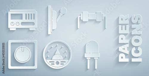 Set Ampere meter, multimeter, voltmeter, Resistor electricity, Electric light switch, Light emitting diode, Electrical panel and measuring instruments icon. Vector