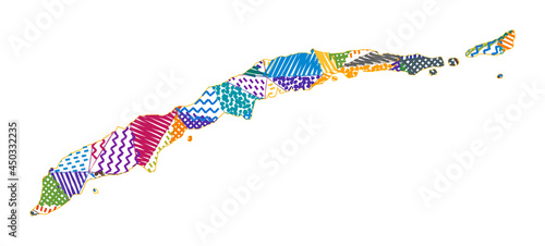 Kid-style map of Roatan. Hand-drawn polygons in the shape of Roatan. Vector illustration.