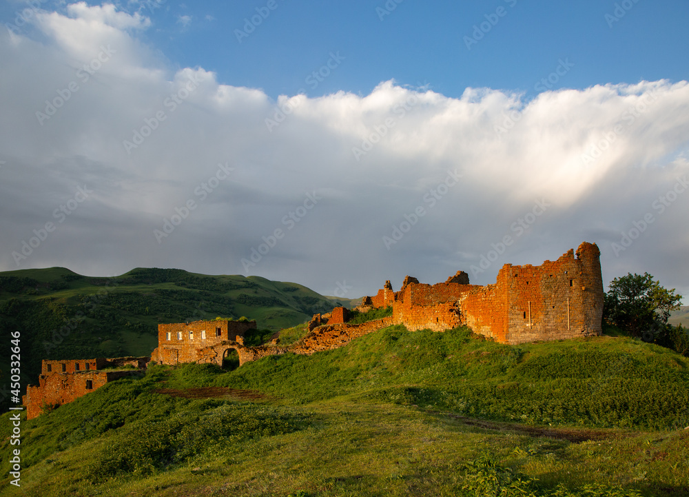 The abandoned village of Amuzgi in Dagestan at dawn