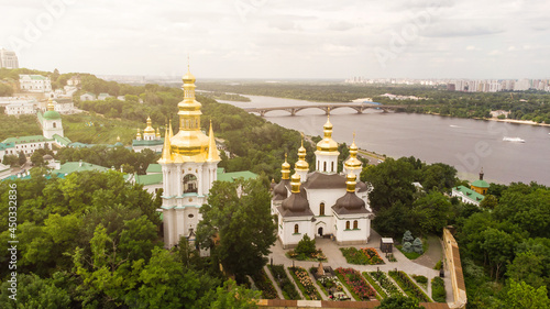 Panorama of Kiev with Dniepr river, Kiev-Pechersk Lavra monastery. Kiev, Ukraine.