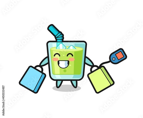 melon juice mascot cartoon holding a shopping bag