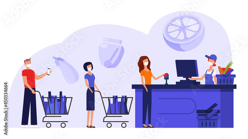 Vector. Shoppers, people in medical masks, queuing in a supermarket with goods in carts, paying for purchases at the checkout with a woman cashier. Concept illustration for a grocery store. Violet.