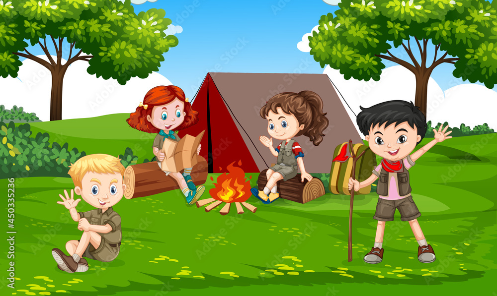 Kids summer camping concept Group of teens,
In Day time cute children at summer forest campsite enjoying Bonefire Flate Graphics Kids summer camping concept Group of teens,
In Day time cute children at summer forest campsite enjoying Bonefire Flate Graphics
