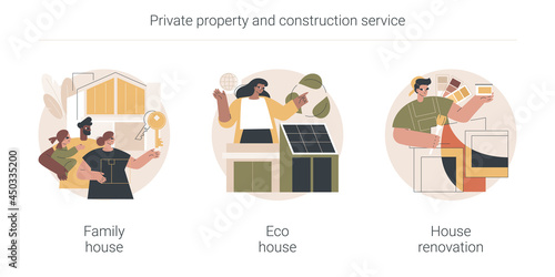 Private property and construction service abstract concept vector illustration set. Family home, eco house listing, single-family detached house renovation, environmentally friendly abstract metaphor.