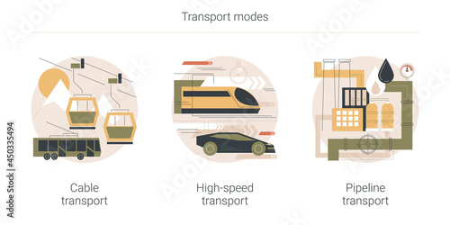 Transport modes abstract concept vector illustration set. Cable transport, high-speed and pipeline transport, trolleybus carrying tourists, ski slopes, railway station platform abstract metaphor.