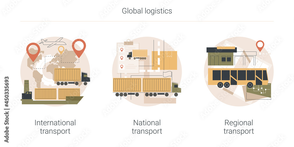 Obraz premium Global logistics abstract concept vector illustration set. International transport, national and regional transport, air cargo, container sheep, car driver, ticket office abstract metaphor.