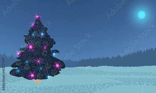 Decorated Chritmas tree on winter background with shining Moon, stars and distant pine forest.