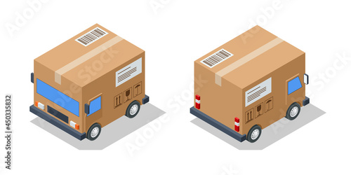 Isometric small cargo delivery van. Van with delivery packages, Delivery home and office