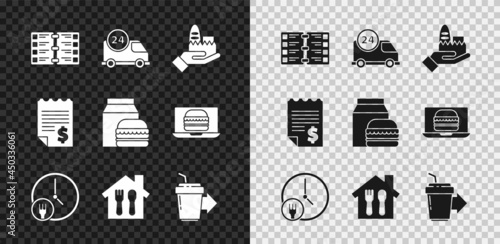 Set Restaurant cafe menu, Fast delivery by car, Online ordering and, Round the clock, Coffee cup to go, Paper financial check and burger icon. Vector