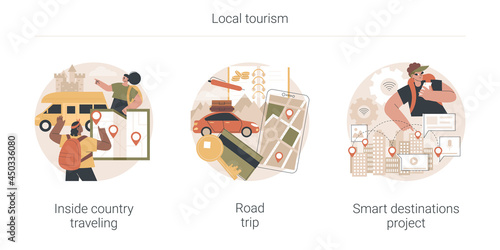 Local tourism abstract concept vector illustration set. Inside country traveling, road trip, smart destinations project, gps navigation, city tags, digital travel, family camping abstract metaphor.