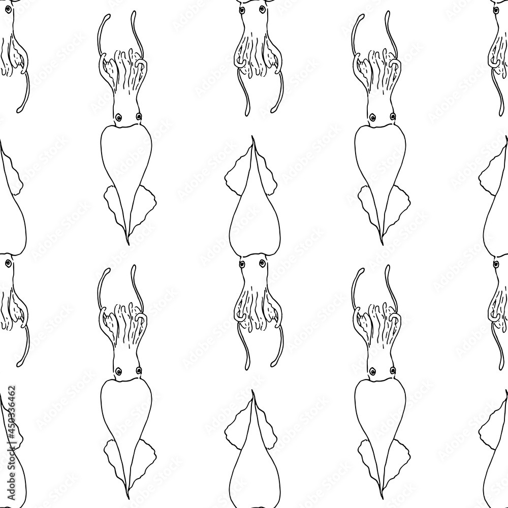 Vector seamless pattern of squid. a pattern of a cute squid drawn in a sketch style, an isolated black contour arranged in different vertical directions on a white background for a design template