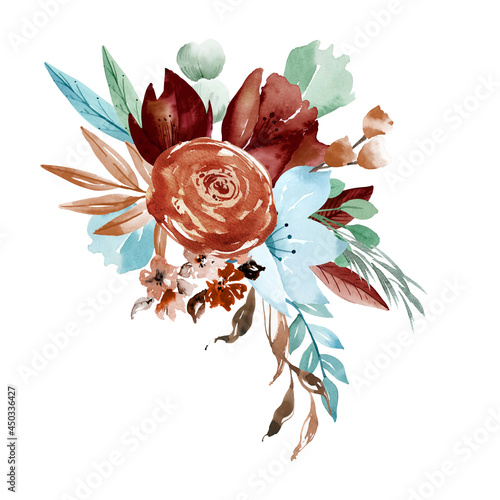 Watercolor teal and burgundy floral bouquets, Mint green and brown flowers clipart for wedding invitations, baby shower, greeting cards, scrapbooking photo