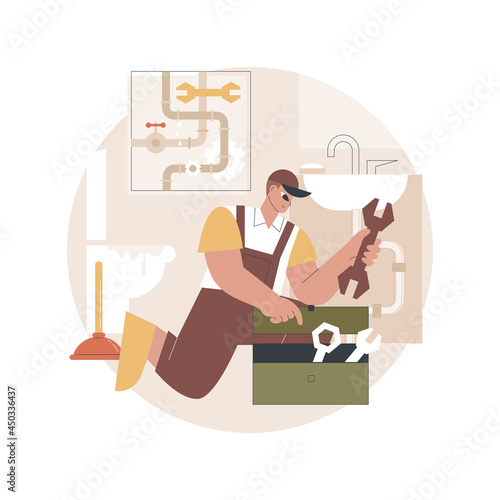Plumber services abstract concept vector illustration. Full service sewer and drain repair, drain fitting, water drinking distribution, heating installation, leaky pipe abstract metaphor.