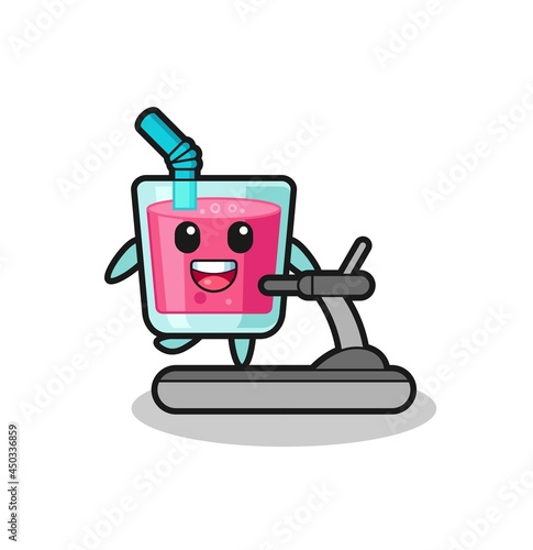 strawberry juice cartoon character walking on the treadmill