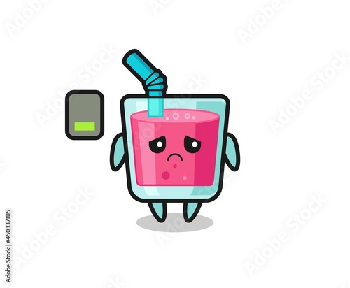 strawberry juice mascot character doing a tired gesture