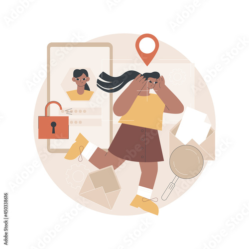 Cyberstalking abstract concept vector illustration. Pursuit of social identity, online false accusations, cyberstalking, internet harassment, cyber crime, realtime stalking abstract metaphor.