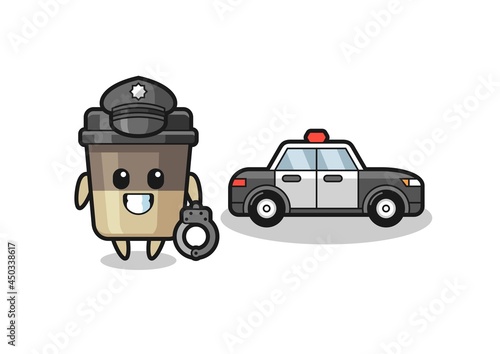 Cartoon mascot of coffee cup as a police