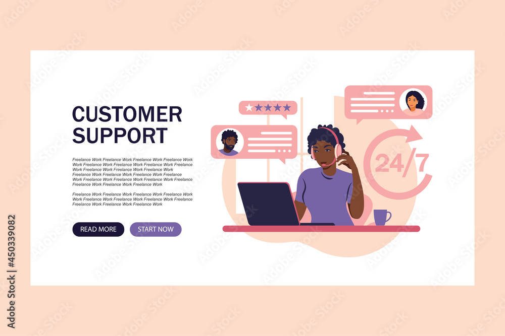 Customer service concept. Landing page form web. African woman with headphones and microphone with laptop. Support, assistance, call center. Vector illustration. Flat style Customer service concept. Landing page form web. African woman with headphones and microphone with laptop. Support, assistance, call center. Vector illustration. Flat style