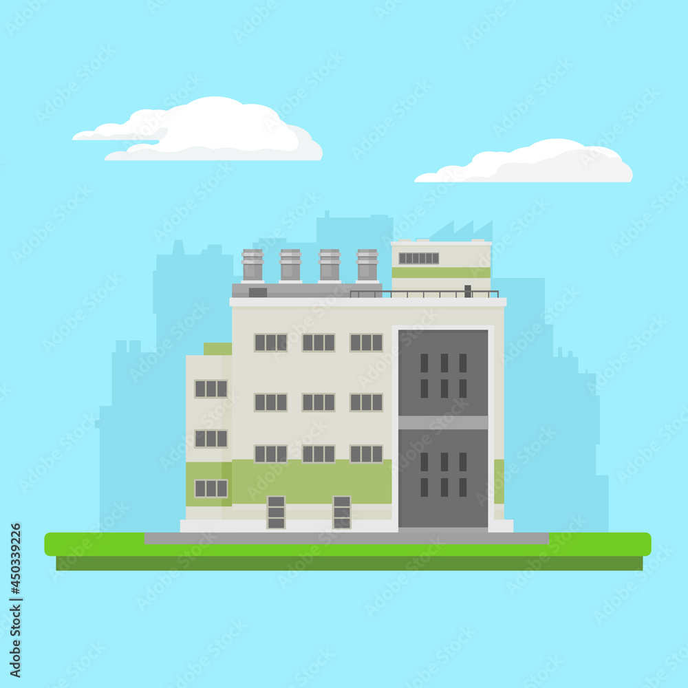 Factory Power Station Industrial Building Flat Icon Vector