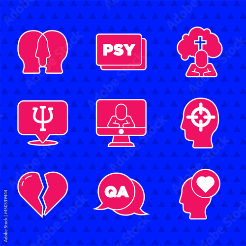 Set Psychologist online, Question and Answer, Broken heart or divorce, Finding problem, Psychology, Psi, Man graves funeral sorrow and Bipolar disorder icon. Vector