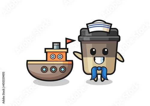 Character mascot of coffee cup as a sailor man