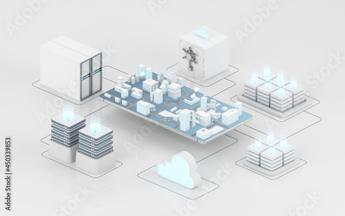 Cloud computing and information devices, 3d rendering.