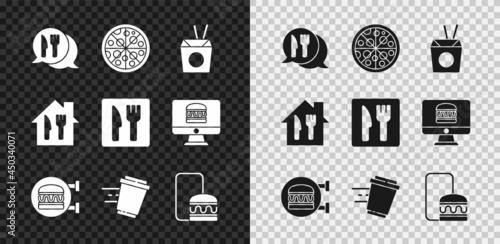 Set Cafe and restaurant location, Pizza, Asian noodles chopsticks, Online ordering burger delivery, Coffee cup to go, and icon. Vector