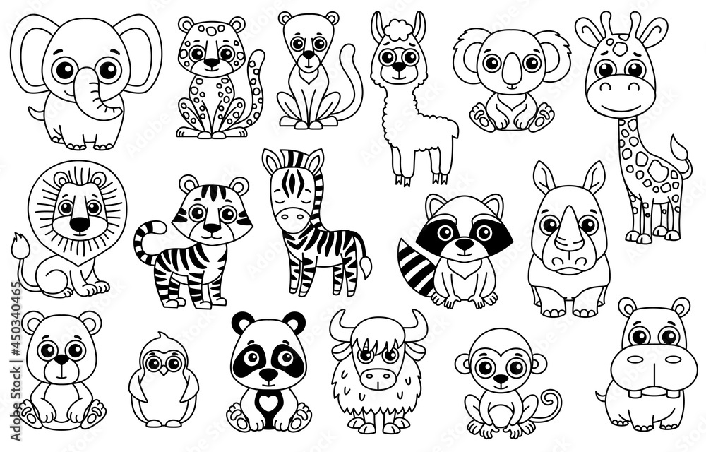 Set of cute black and white Zoo animals in a cartoon style Stock Vector |  Adobe Stock