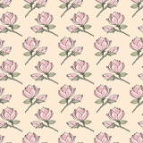 Seamless pattern with branches, flowers, buds of magnolia in pastel shades.  Vector illustration for festive design, packaging, wallpaper, fabric, textile, stationery, accessories.