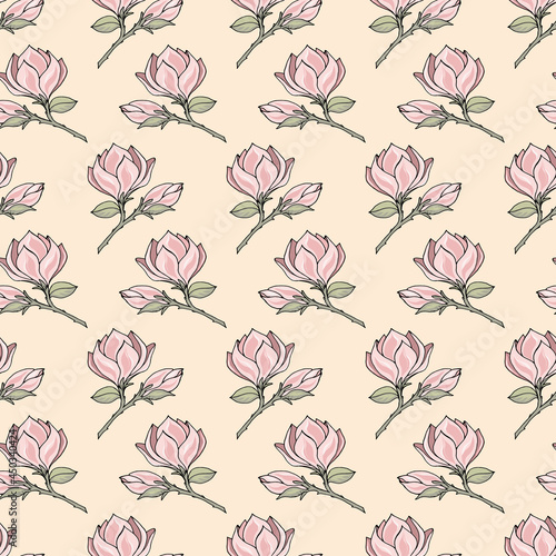 Seamless pattern with branches, flowers, buds of magnolia in pastel shades.  Vector illustration for festive design, packaging, wallpaper, fabric, textile, stationery, accessories.