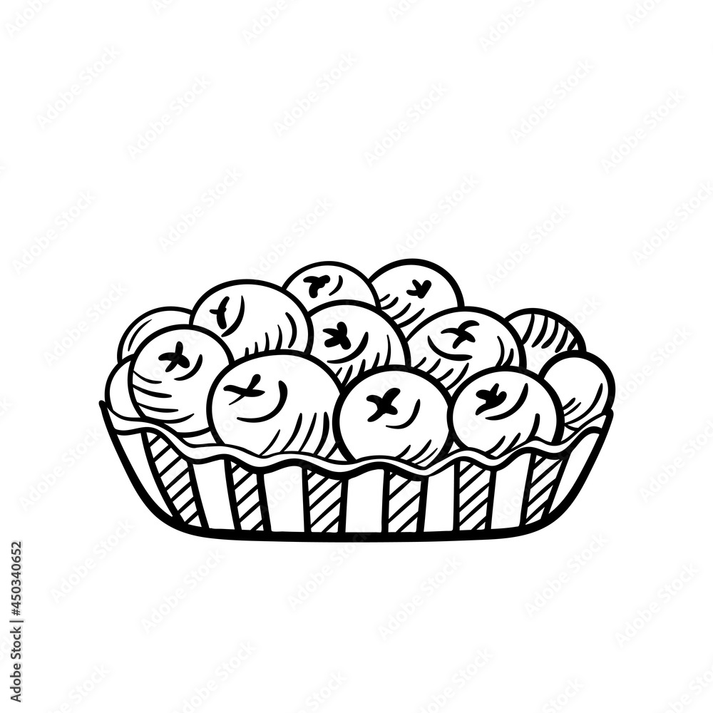 A pie basket with blueberries. Sweet dessert in doodle style. Vector isolated illustration on a white background. A pie basket with blueberries. Sweet dessert in doodle style. Vector isolated illustration on a white background.