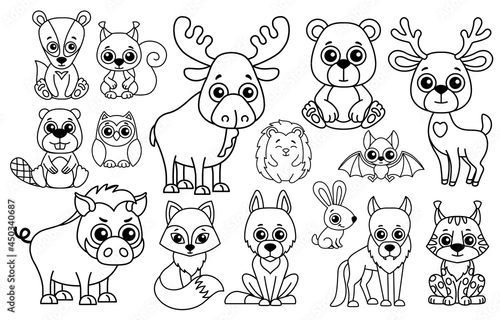 Set of cute black and white Zoo and forest animals in a cartoon style for laser cut or print