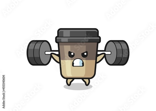 coffee cup mascot cartoon with a barbell