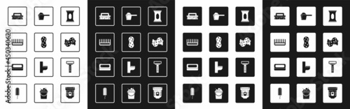 Set Wet wipe pack, Sponge, Hairbrush, Brush for cleaning, Washing powder, Shaving razor and Bar of soap icon. Vector